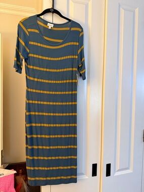 LuLaRoe Striped Scoop-Neck Midi Dress in Teal and Mustard